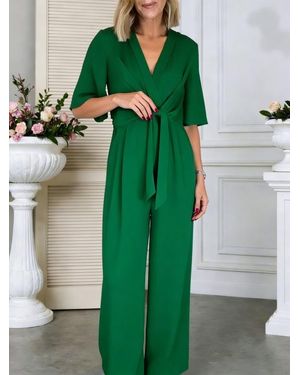 TRUEDAMES V-Neck Tie-Front Short Sleeve Jumpsuit - Green