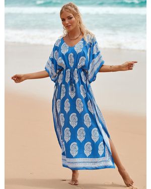 TRUEDAMES Printed Beach Cover-Up Maxi Dress Acation Bikini Kimono, Sun Protection Long Dress - Blue