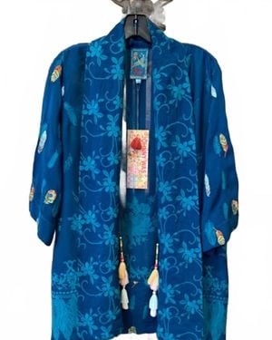 Johnny Was Embroidered Feather Paloma Kimono - Blue
