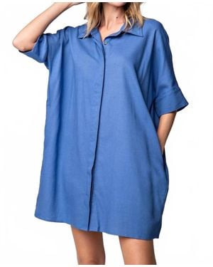 Easel Linen Shirt Tunic Dress - Blue