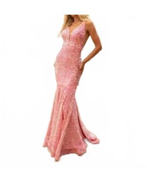 Vienna Prom Velvet Prom Sequins Backless Formal Mermaid Gown - Pink