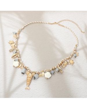 Fashnzfab Coastal-Inspired Fish Shell Turtle Charm Beaded Thread Necklace - Metallic