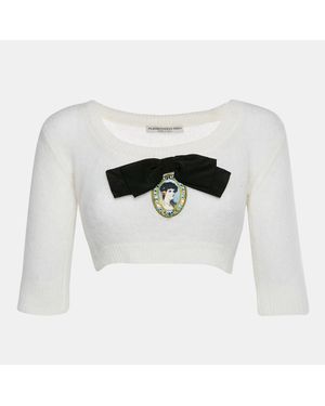 Alessandra Rich Brushed Knit Portrait Cameo Appliqué Crop Top - White