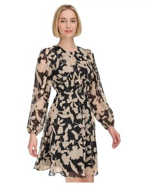 Calvin Klein A-Line Dress Floral Chiffon Ruched Back Zip Buu423 - White
