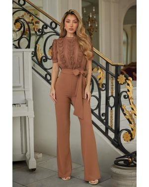 TRUEDAMES Multi Butterfly Sheer Pattern Jumpsuit - Brown