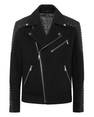 Philipp Plein Wool Biker Jacket With Leather Inserts - Black