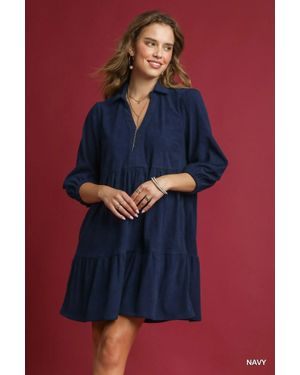 TRUEDAMES Tiered Corduroy Mini Dress With Balloon Sleeves - Blue