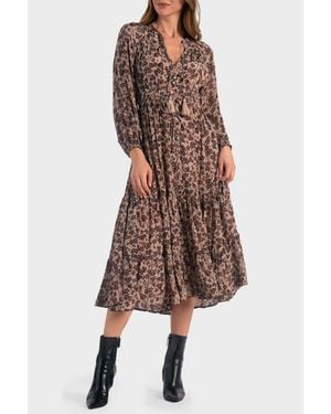 Elan Blouson Sleeve Midi Dress - Brown
