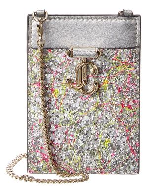 Jimmy Choo Jc Logo Glitter & Leather Card Holder On Chain - Gray