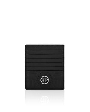 Philipp Plein Leather Credit Cards Holder Monogram - Black