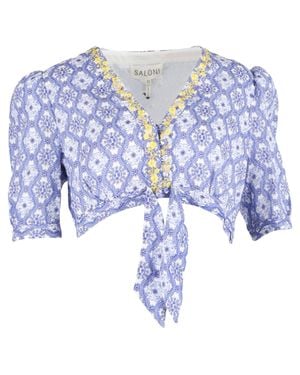 Saloni Jamie Floral-Embroidered Cropped Top - Blue