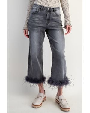 TRUEDAMES Fur Bottom Hem Washed Stretch Denim Pants - Blue