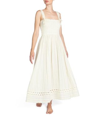 Robin Piccone Jo Maxi Dress Ecru Lace Trim Smocked Square Neck Frog348 - White