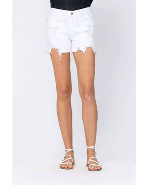 Judy Blue Mid-Rise Destroyed Shark Bite Hem Shorts - White