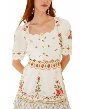 FARM Rio Flower Embroidery Scalloped Mini Dress - White