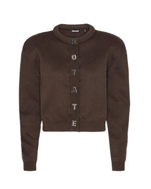 ROTATE BIRGER CHRISTENSEN Cropped Ribbed Knit Cardigan With Metallic Letters - Brown