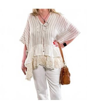 Pol Striped Eyelet Ruffle Poncho Top - White