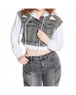 Circular Path Crop Denim Hoodie - Gray