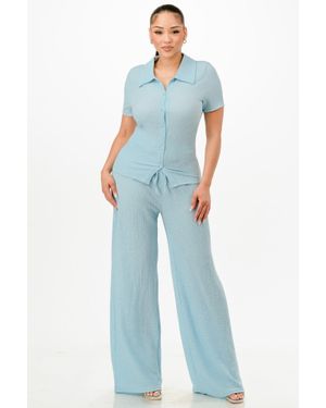 TRUEDAMES Textured Polo Top And Pants Set - Blue