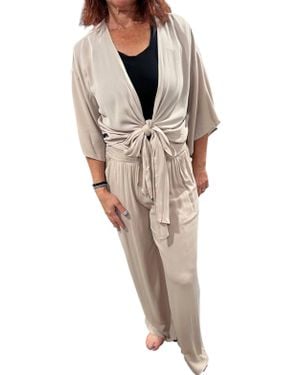 Miou Muse Rayon Tie Front Top With Smocked Waist Wide Leg Pants Set - Natural