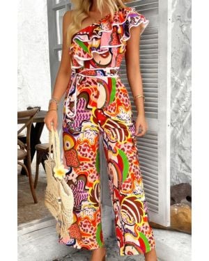 TRUEDAMES Allover Print One Shoulder Ruffle Belt Jumpsuit - Orange