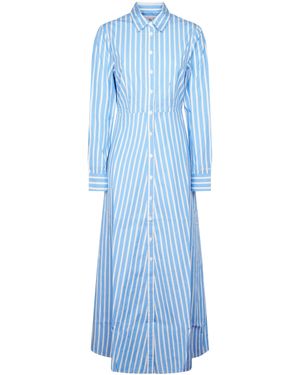 MC2 Saint Barth Vertical Stripe Long Dress With Classic Collar - Blue