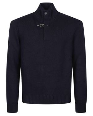 Fay Ribbed High Collar Buttoned Virgin Wool Turtleneck Sweater - Blue