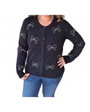 Sew In Love Bow Rhinestone Button Sweater - Blue