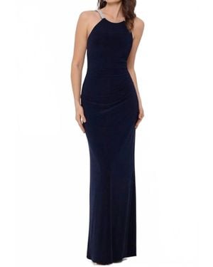 Betsy & Adam Long Halter Neck Sleeveless Gown With Rhinestone Straps - Blue