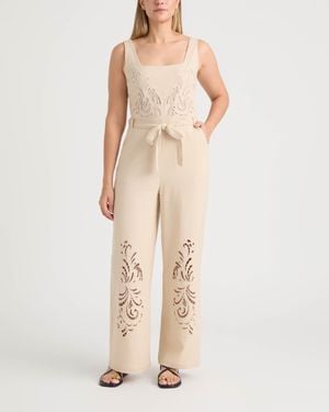 Ellen Tracy Linen Jumpsuit With Embroidery Detailing - Natural