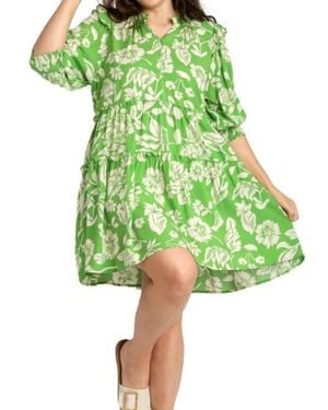 Umgee Two Tone Tiered Floral Dress - Green