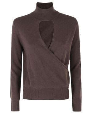 Herno Dark High-Neck Cut-Out Crossover Wool Sweater - Brown