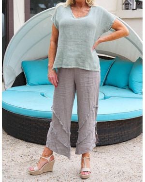 Look Mode Usa Gauze Linen V Neck Linen Top - Blue