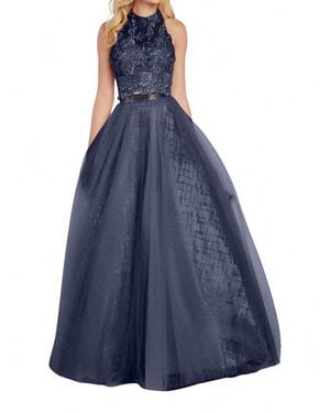 Alyce Paris Appliqued Illusion Halter Open Back Gown - Blue