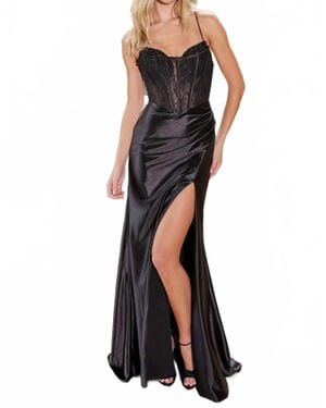 Nox Anabel Satin Lace Bodice Slit Gown - Black
