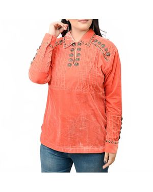 American Darling Velvet Concho Long Sleeve Shirt - Orange
