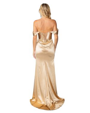DQ Satin Off-Shoulder Gown With Draped Sleeves And Corset-Style Lace-Up Back Prom Dress - Metallic