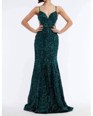 Vienna Prom Backless Sheer Cut Out Sequin Prom Dress - Green