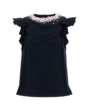 ShuShu/Tong Lace Cap Sleeve Bow Embellished Wool-Blend Top - Blue