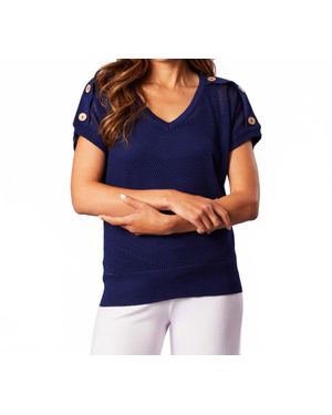 French Kyss Short Sleeve Crochet V-Neck Blouse - Blue