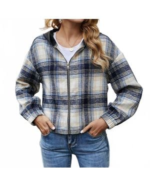 Miss Sparkling Plaid Print Zip Up Hooded Jacket - Blue
