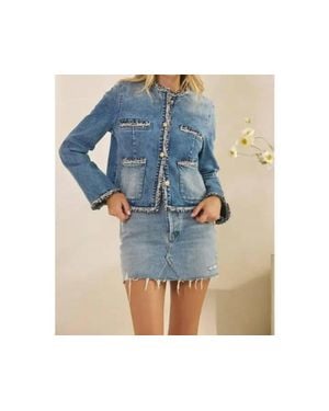 Veveret Tweed Trimmed Front Pocket Denim Jacket - Blue