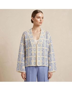 TRUEDAMES Boho Granny Square Crochet Patchwork Open Front Cardigan - Gray