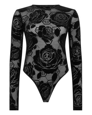 Philipp Plein Tulle Body Flock Flower Monogram - Black