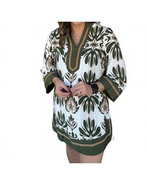 Umgee Baroque Floral Tunic Top With Trim - Green