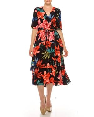 Maison Tara Floral Illusion Wrap Midi Dress - Red