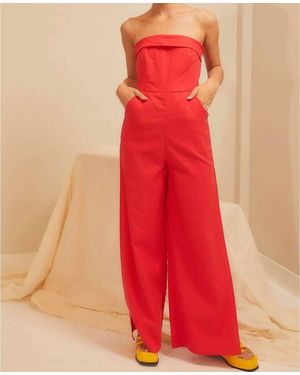 Main Strip Side Slit Strapless Jumpsuit - Red