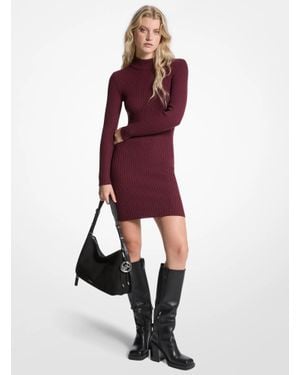 MICHAEL Michael Kors Ribbed Stretch Wool Mock Neck Dress - Red