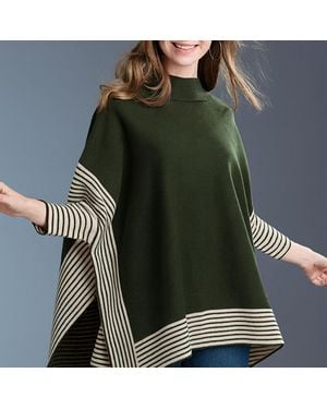 TRUEDAMES Striped Hem Mock Neck Asymmetrical Poncho - Green