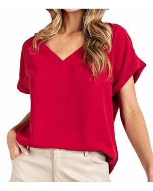 Eesome Cuffed Short Sleeve V-Neck Top - Red